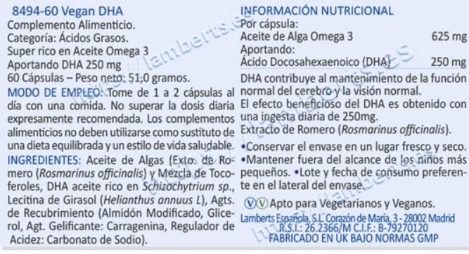 Vegan DHA (Origen vegetal)(omega-3) (60 caps) - Lamberts - 2